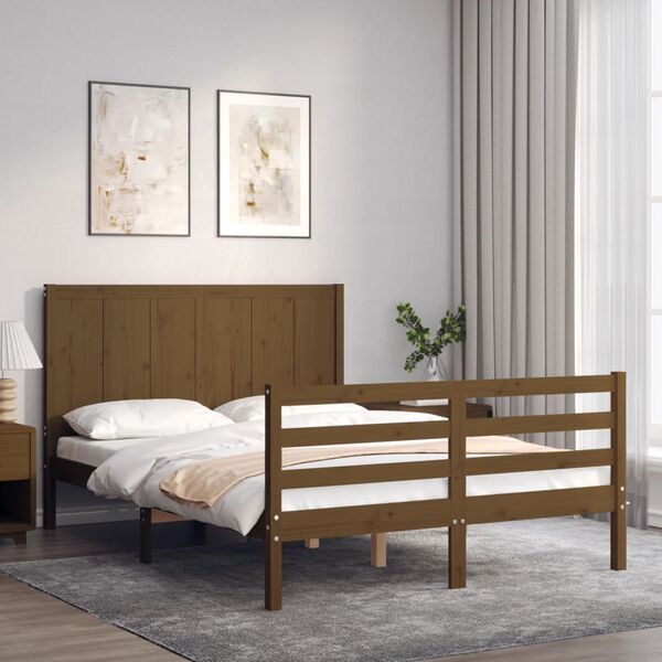 vidaXL Estrutura cama cabeceira 140x190 cm madeira maci&ccedil;a castanho-mel
