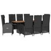 vidaXL 9 pcs conjunto de jantar p/ jardim c/ almofad&otilde;es vime PE preto