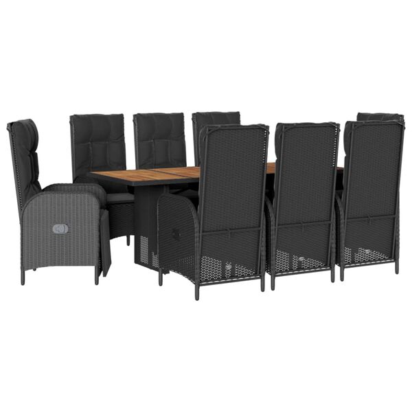 vidaXL 9 pcs conjunto de jantar p/ jardim c/ almofad&otilde;es vime PE preto