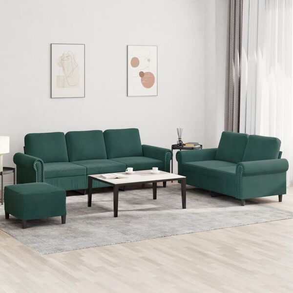 vidaXL 3 pcs conjunto de sof&aacute;s com almofad&otilde;es veludo verde-escuro