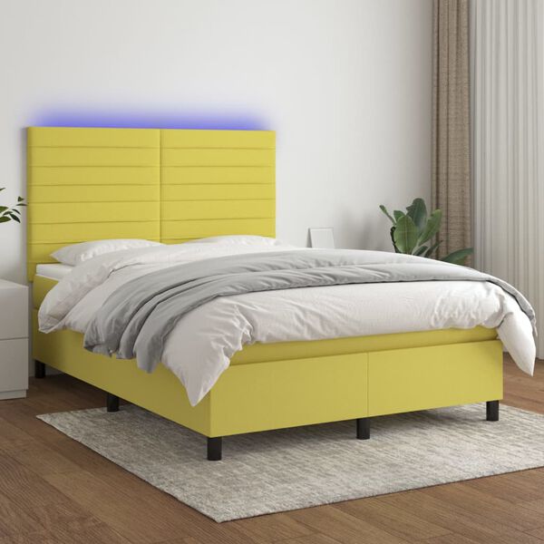 vidaXL Cama box spring c/ colch&atilde;o e LED 140x190 cm tecido verde