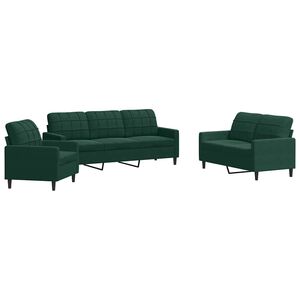 vidaXL 3 pcs conjunto de sof&aacute;s com almofad&otilde;es veludo verde-escuro