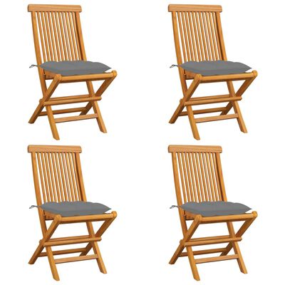 vidaXL Cadeiras de jardim c/ almofadões cinzentos 4 pcs teca maciça