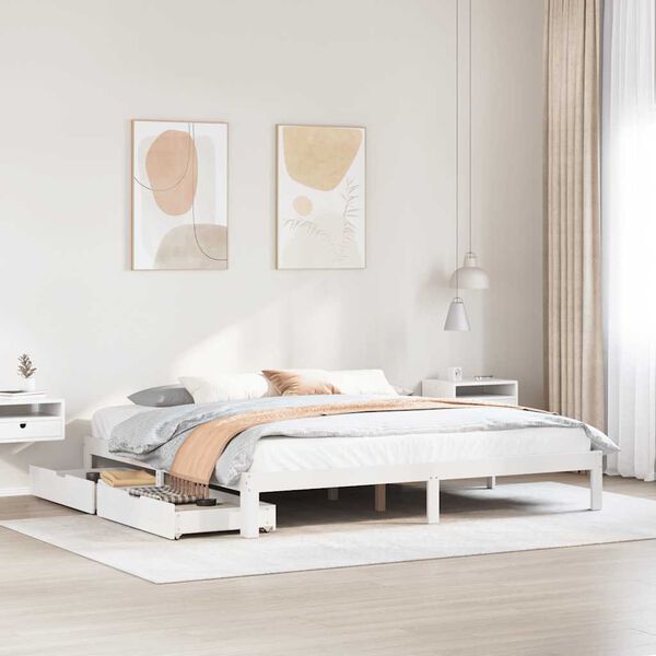 vidaXL Estrutura de cama c/ gavetas 200x200 cm pinho maci&ccedil;o branco