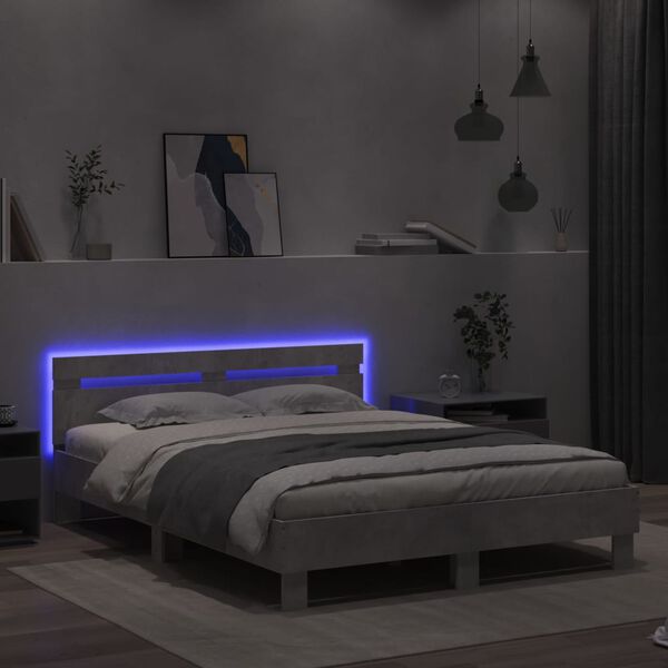 vidaXL Estrutura cama cabeceira e luzes LED 150x200cm cinzento cimento
