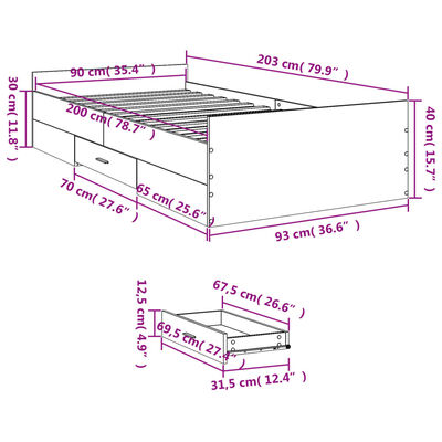 vidaXL Estrutura de cama c/ gavetas 90x200 cm derivados madeira preto