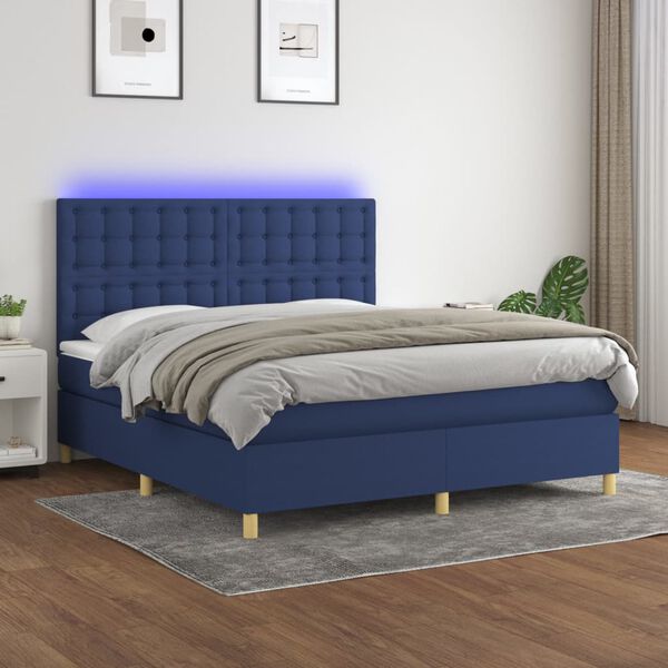 vidaXL Cama box spring c/ colch&atilde;o e LED 180x200 cm tecido azul