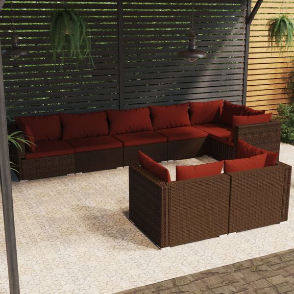 vidaXL 8 pcs conjunto lounge jardim c/ almofadões vime PE castanho