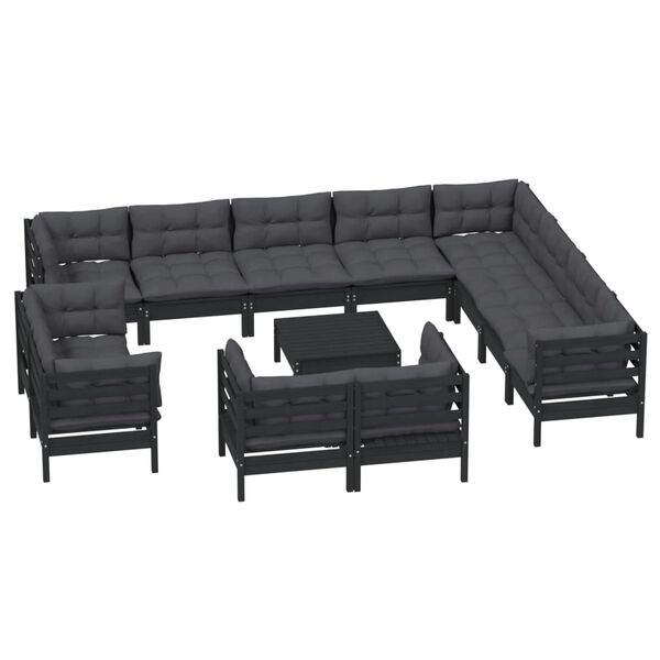 vidaXL 13 pcs conjunto lounge jardim c/ almofad&otilde;es pinho maci&ccedil;o preto