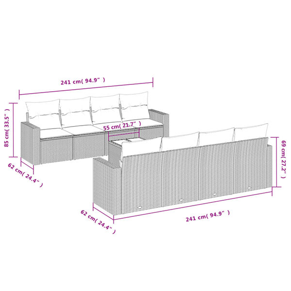 vidaXL 9 pcs conjunto de sof&aacute;s p/ jardim com almofad&otilde;es vime PE bege