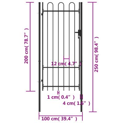 vidaXL Portão de vedação individual com topo arqueado aço 1x2m preto