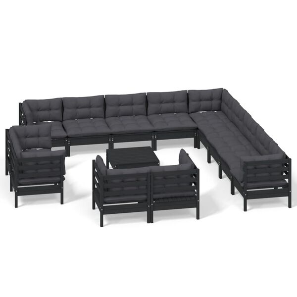 vidaXL 14 pcs conjunto lounge jardim c/ almofad&otilde;es pinho maci&ccedil;o preto