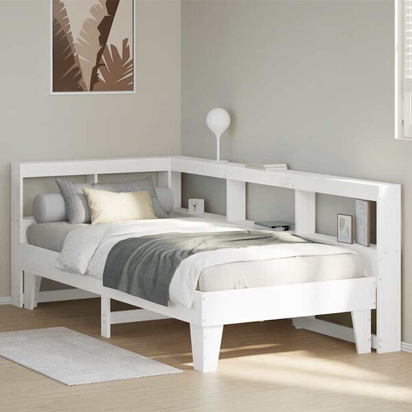 vidaXL Cama com estante sem colch&atilde;o 90x200 cm pinho maci&ccedil;o branco