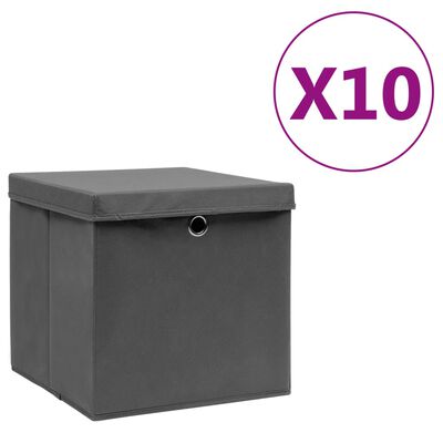 vidaXL Caixas de arrumação com tampas 10 pcs 28x28x28 cm cinza