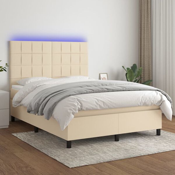 vidaXL Cama box spring c/ colch&atilde;o e LED 140x200 cm tecido cor creme