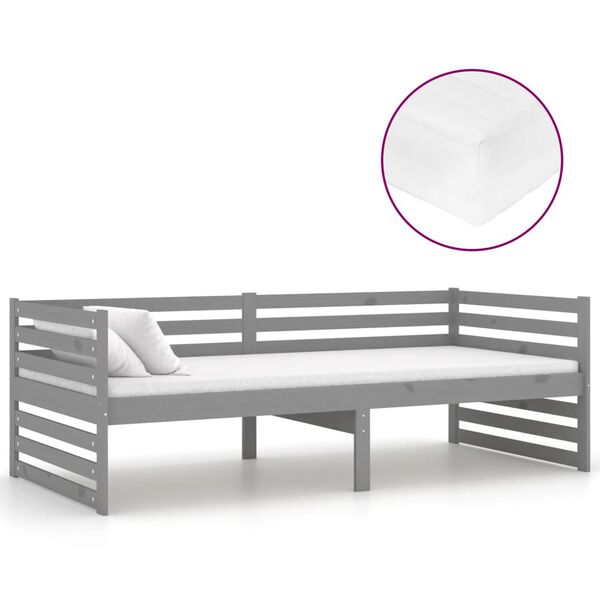 vidaXL Sof&aacute;-cama com colch&atilde;o 90x200 cm pinho maci&ccedil;o cinzento