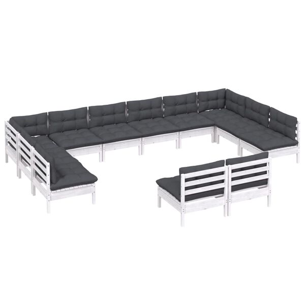vidaXL 12 pcs conj. lounge de jardim c/ almofadões pinho maciço branco
