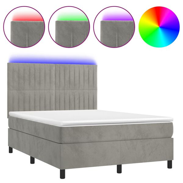 vidaXL Cama box spring c/ colch&atilde;o/LED 140x200 cm veludo cinzento-claro
