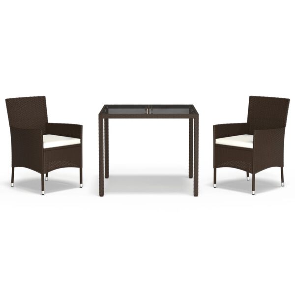 vidaXL 3 pcs conjunto jantar p/ jardim c/ almofad&otilde;es vime PE castanho