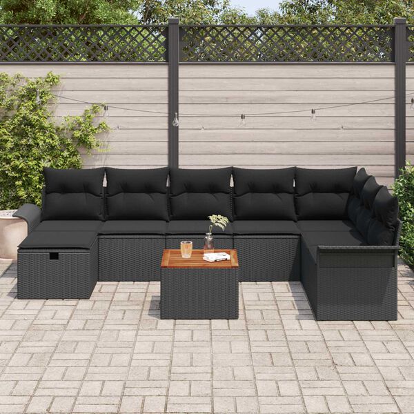 vidaXL Conjunto de Sof&aacute; de Jardim com almofada 9 pcs Preto vime PE