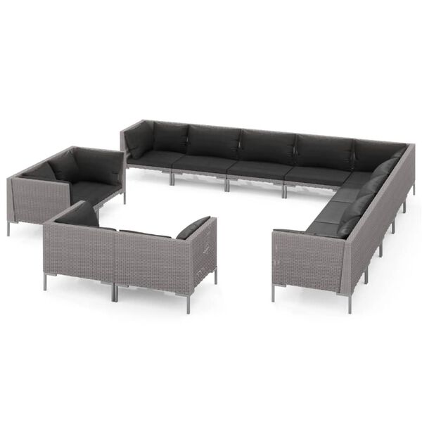 vidaXL 13 pcs conj. lounge jardim c/ almofad&otilde;es vime PE cinza-escuro