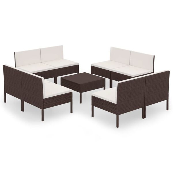 vidaXL 9 pcs conjunto lounge jardim c/ almofad&otilde;es vime PE castanho