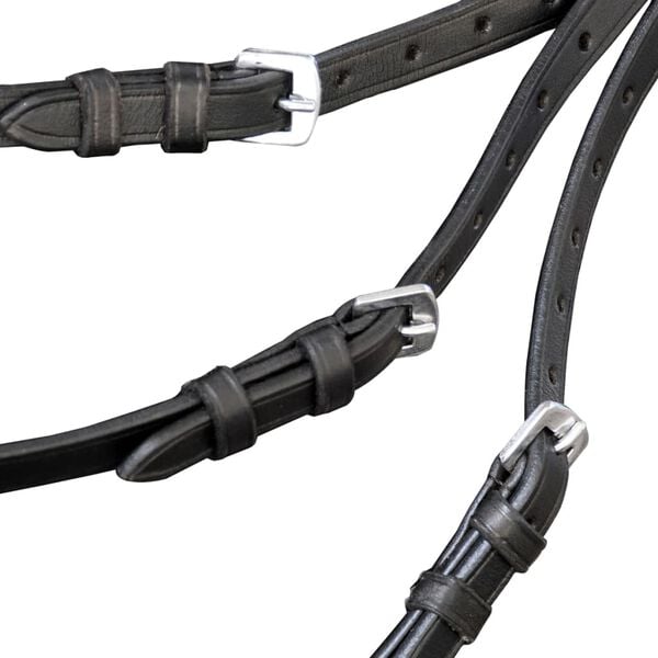 Cabe&ccedil;ada de couro com r&eacute;deas e brida, preto, cob