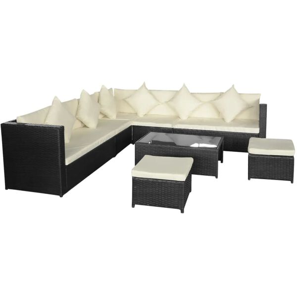 vidaXL 8 pcs conjunto lounge de jardim c/ almofad&otilde;es vime PE preto