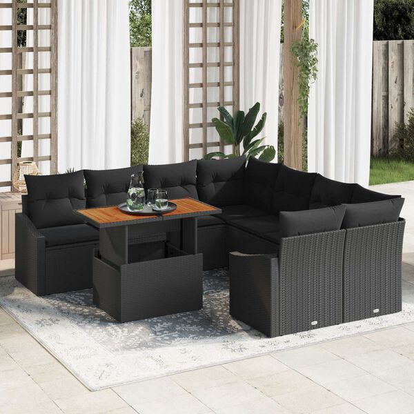 vidaXL Conjunto de Sof&aacute; de Jardim 9 pcs Preto Rattan Sint&eacute;tico