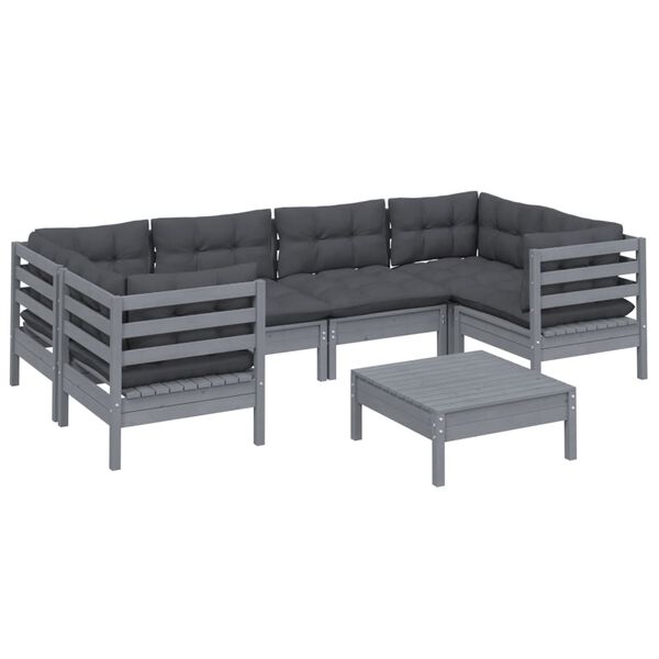 vidaXL 7 pcs conjunto lounge de jardim c/ almofad&otilde;es pinho cinza