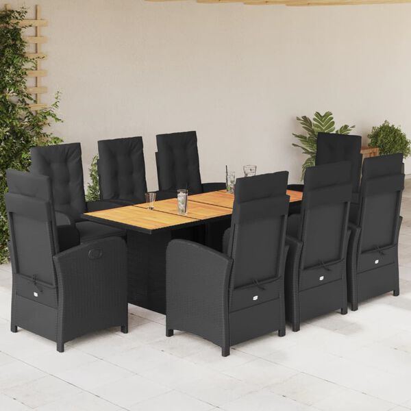 vidaXL 9 pcs conjunto de jantar p/ jardim c/ almofad&otilde;es vime PE preto