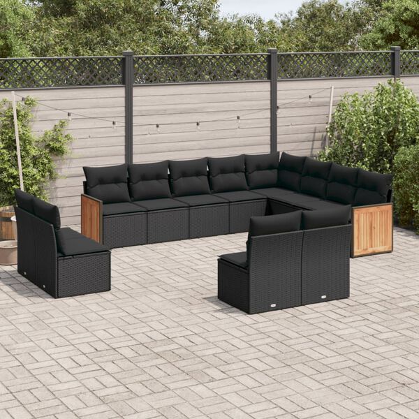 vidaXL 12 pcs conjunto de sof&aacute;s de jardim c/ almofad&otilde;es vime PE preto