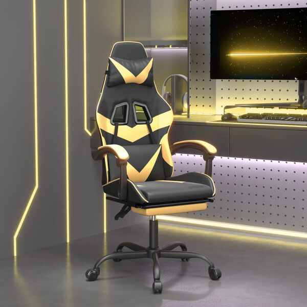 vidaXL Cadeira gaming c/ apoio p&eacute;s couro artificial preto e dourado