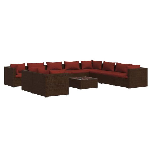vidaXL 11 pcs conjunto lounge jardim c/ almofad&otilde;es vime PE castanho