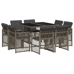 vidaXL 9 pcs conjunto de jantar p/ jardim c/ almofad&otilde;es vime PE cinza