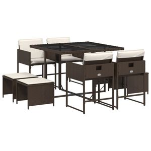 vidaXL 9 pcs conjunto jantar p/ jardim c/ almofad&otilde;es vime PE castanho