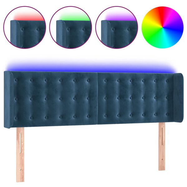 vidaXL Cabeceira cama c/ luzes LED veludo 147x16x78/88 cm azul-escuro