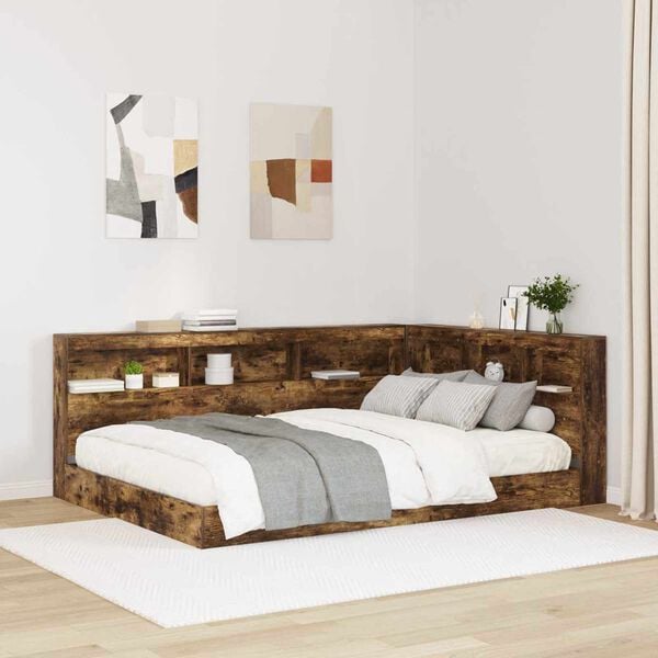 vidaXL Cama com Estante com cabeceira Carvalho fumado 160 x 200 cm