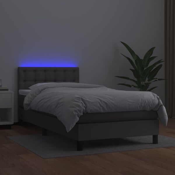 vidaXL Cama box spring c/ colchão/LED 90x190 cm couro artificial cinza