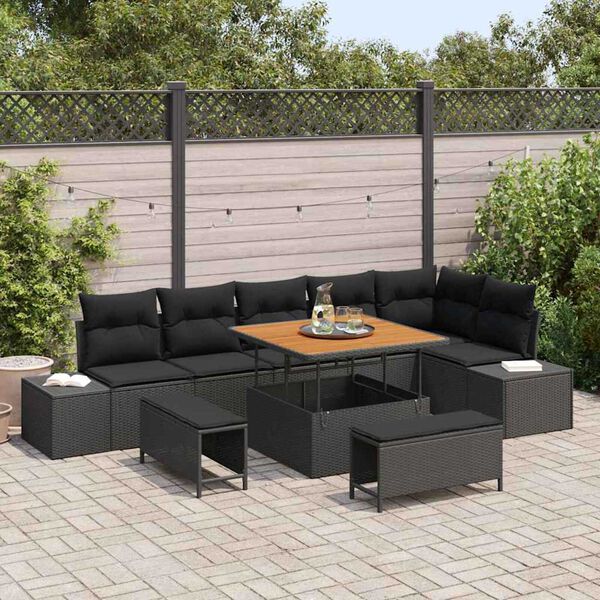 vidaXL Conjunto de Sof&aacute; de Jardim 9 pcs Preto Rattan Sint&eacute;tico