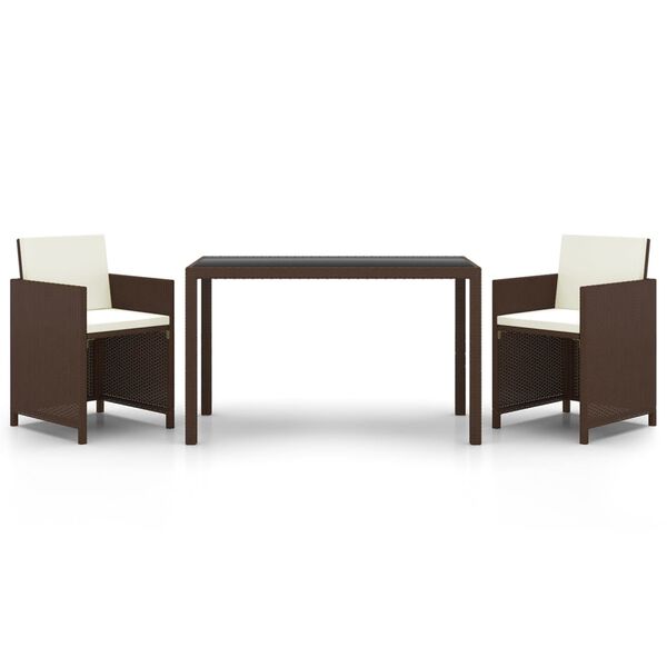 vidaXL 3 pcs conjunto jantar p/ jardim c/ almofadões vime PE castanho