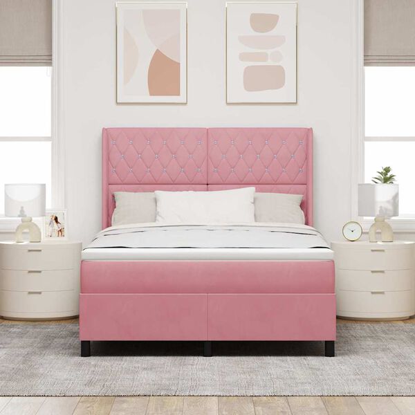 vidaXL Cama Box Spring com LED e Colch&atilde;o Rosa 160 x 200 cm Veludo
