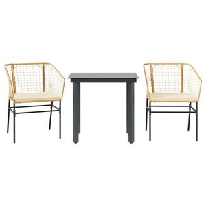 vidaXL Conjunto jantar jardim 3 pe&ccedil;as almofadas vidro vime PE castanho
