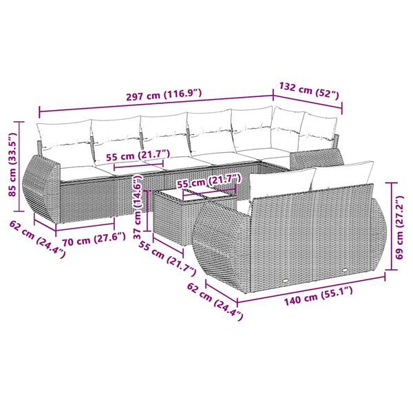vidaXL 9 pcs conj. sof&aacute;s jardim com almofad&otilde;es vime PE cinzento-claro