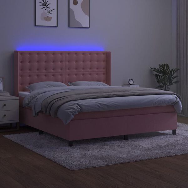 vidaXL Cama box spring c/ colch&atilde;o/LED 160x200 cm veludo rosa