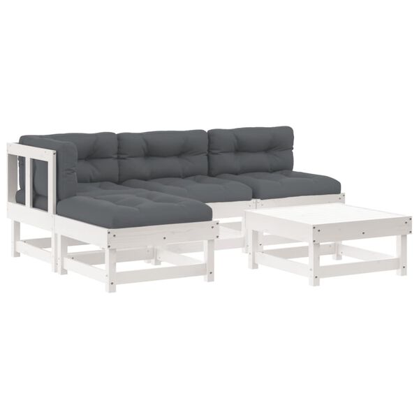 vidaXL 5pcs conjunto lounge jardim c/ almofadões madeira maciça branco