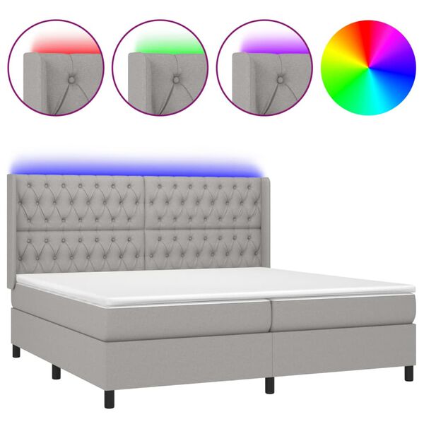 vidaXL Cama box spring c/ colch&atilde;o e LED 200x200 cm tecido cinza-claro
