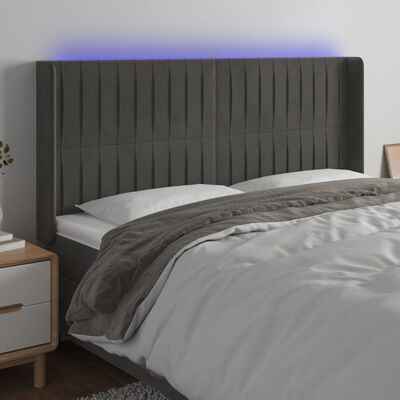 vidaXL Cabeceira de cama c/ LED veludo 203x16x118/128 cm cinza-escuro