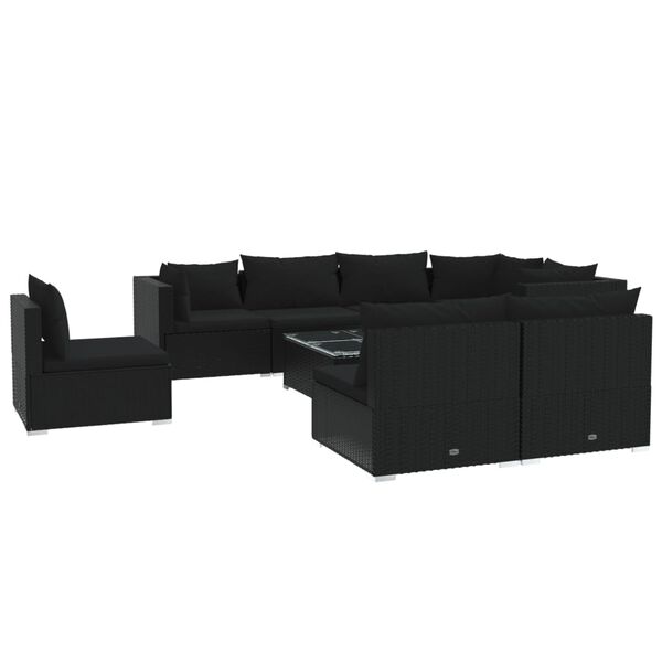 vidaXL 9 pcs conjunto lounge de jardim c/ almofad&otilde;es vime PE preto