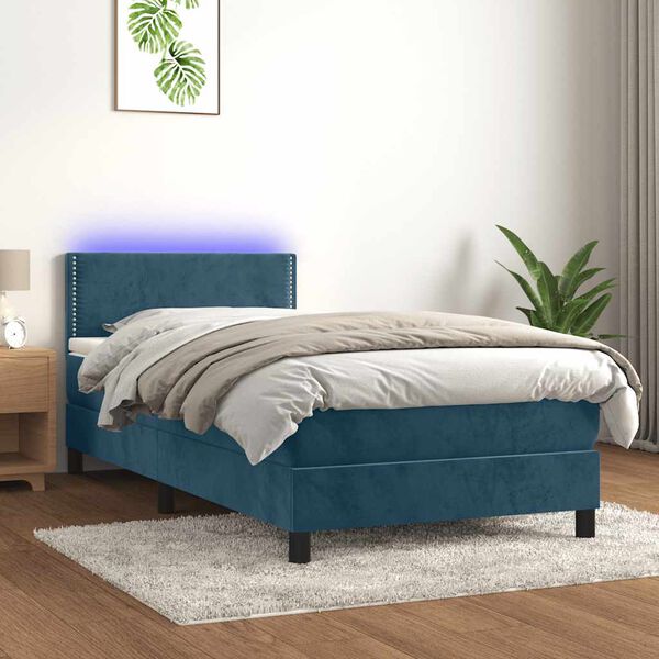 vidaXL Cama box spring c/ colch&atilde;o/LED 100x200 cm veludo azul-escuro